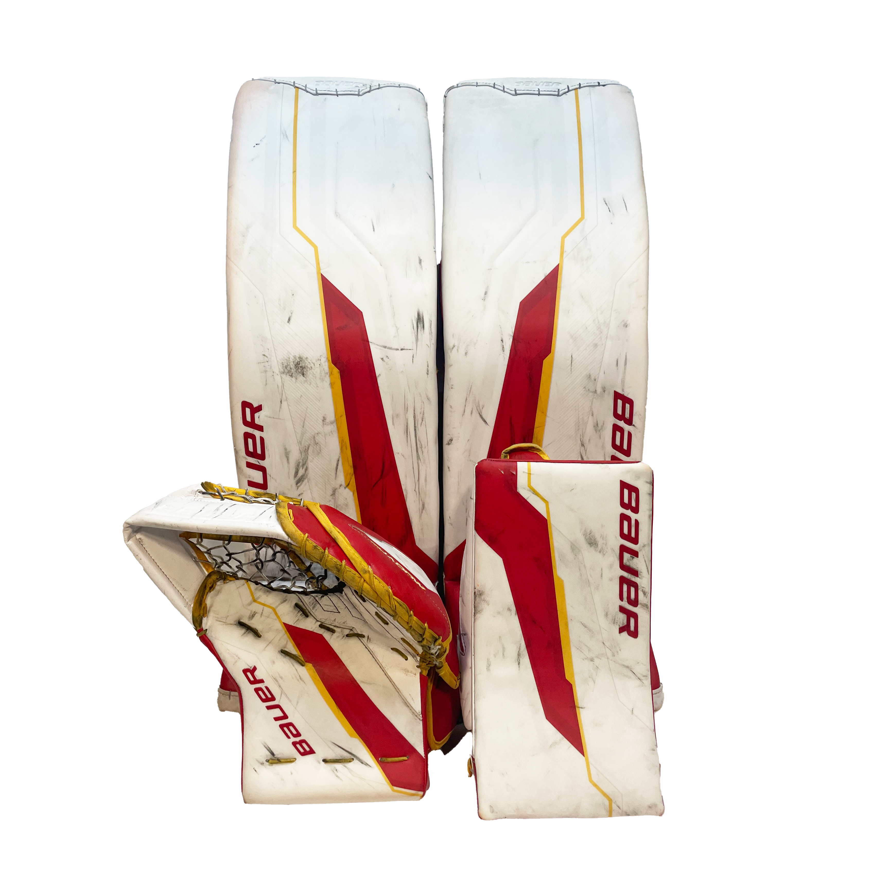 Bauer Supreme Shadow - Ensemble complet de gardien de but Pro Stock d'occasion (blanc/rouge/jaune)